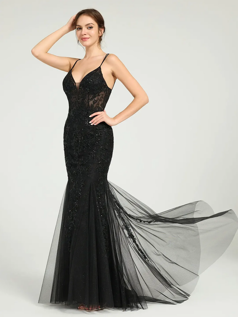 Black Mermaid Maxi Dress - V-Neck Lace-Up Formal Gown with Sequin Lace Carlyna Black Mermaid Maxi Dress - V-Neck Lace-Up Formal Gown with Sequin Lace Carlyna