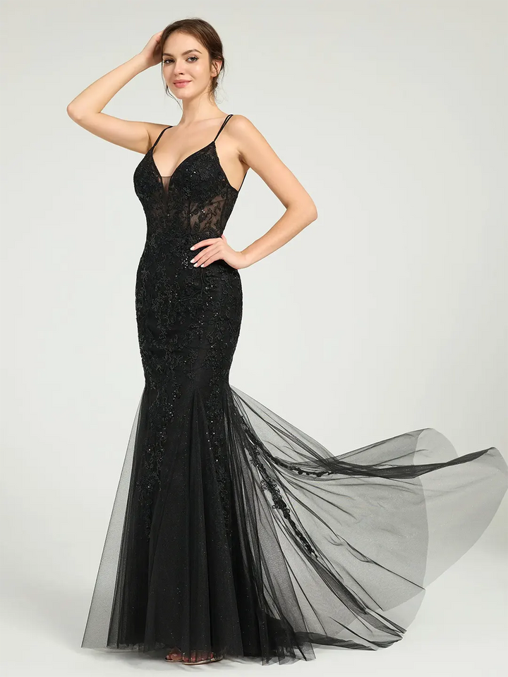 V-Neck Lace-Up Mermaid Tulle Maxi Formal Prom Dress with Sequin Lace V-Neck Lace-Up Mermaid Tulle Maxi Formal Prom Dress with Sequin Lace