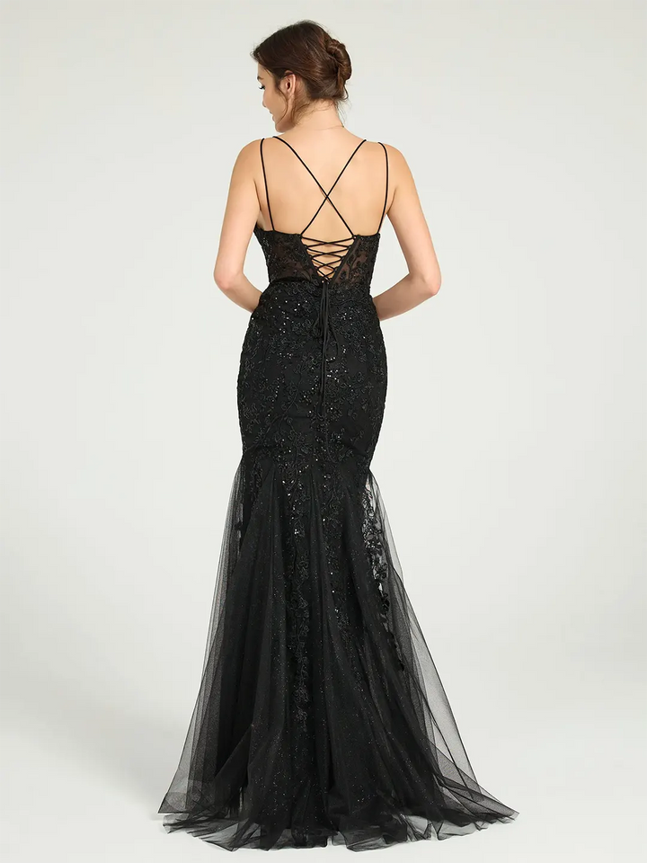 V-Neck Lace-Up Mermaid Tulle Maxi Formal Prom Dress with Sequin Lace