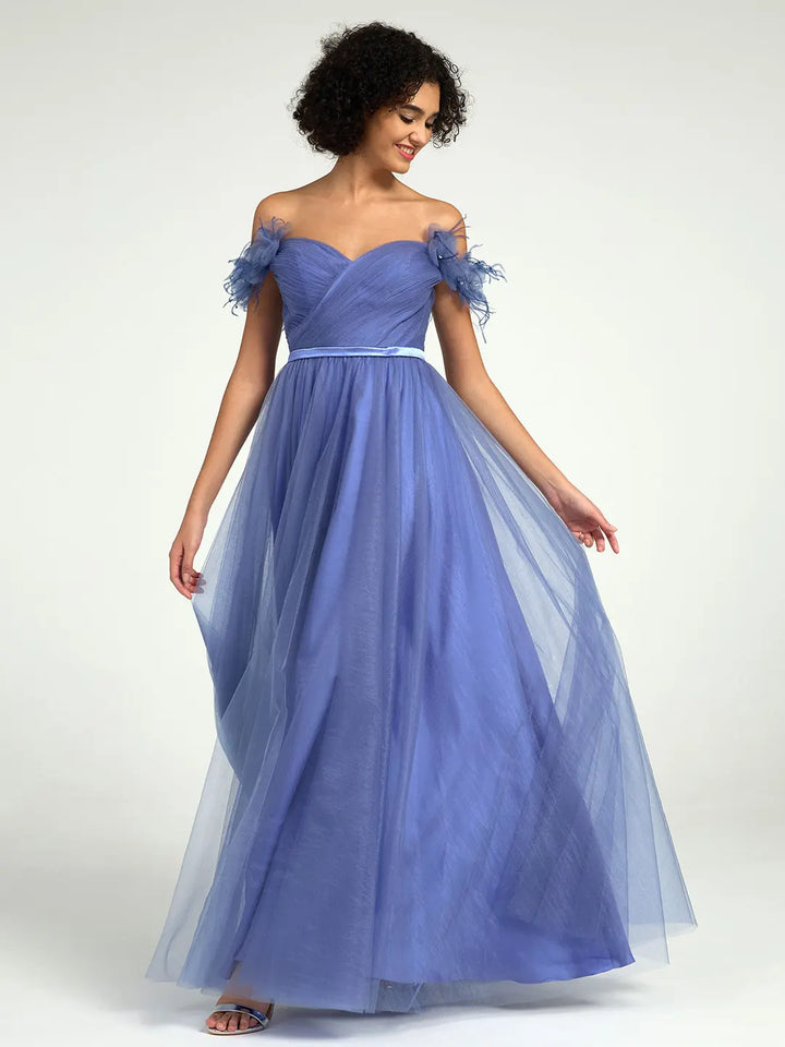 Elegant Blue Purple Off-Shoulder Tulle A-Line Gown with 3D Floral & Feather Details | Perfect for Weddings & Prom Carlyna Elegant Blue Purple Off-Shoulder Tulle A-Line Gown with 3D Floral & Feather Details | Perfect for Weddings & Prom Carlyna