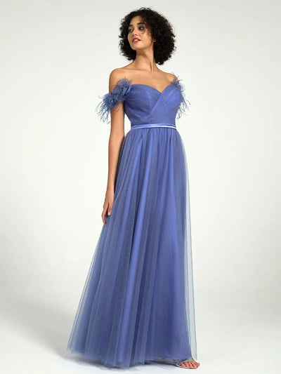 Carlyna Carlyna Carlyna Off-Shoulder Tulle A-Line Gown with 3D Floral Appliques & Feather Accents