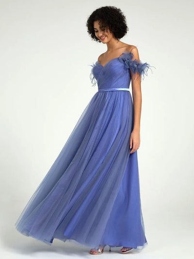 Carlyna Carlyna Carlyna Carlyna Off-Shoulder Tulle A-Line Gown with 3D Floral Appliques & Feather Accents