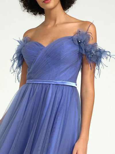 Carlyna Carlyna Carlyna Carlyna Carlyna Off-Shoulder Tulle A-Line Gown with 3D Floral Appliques & Feather Accents