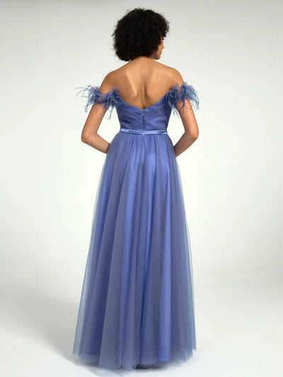 Carlyna Carlyna Carlyna Carlyna Carlyna Carlyna Off-Shoulder Tulle A-Line Gown with 3D Floral Appliques & Feather Accents