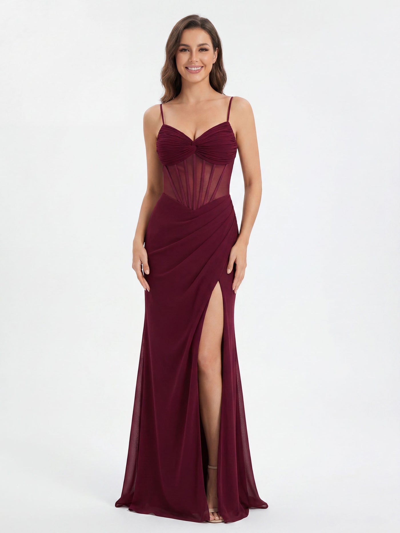 Burgundy Spaghetti Strap Sweetheart Lace-Up Back High Slit Gown – Carlyna