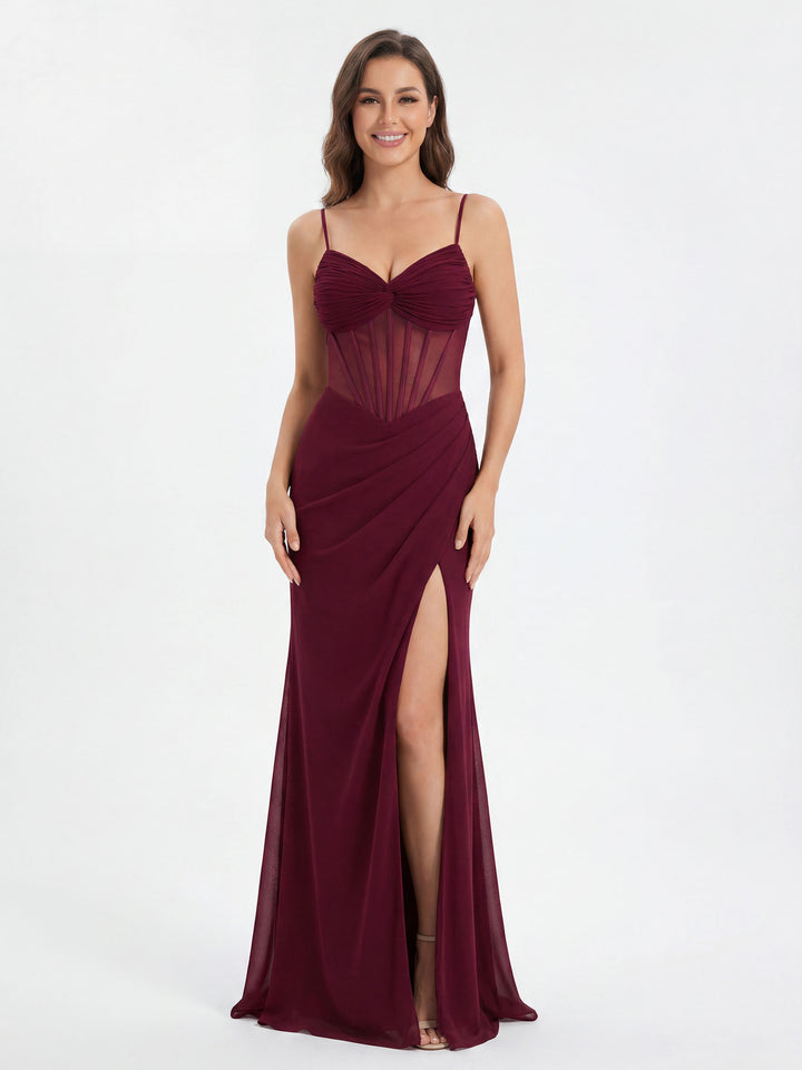 burgundy sweetheart dress Spaghetti Strap Lace-Up Back High Slit Gown while the illusion corset Size:Size 8 Jacquard Prom Dresses Ball gown prom dresses Scarlet Ruby Red Bow