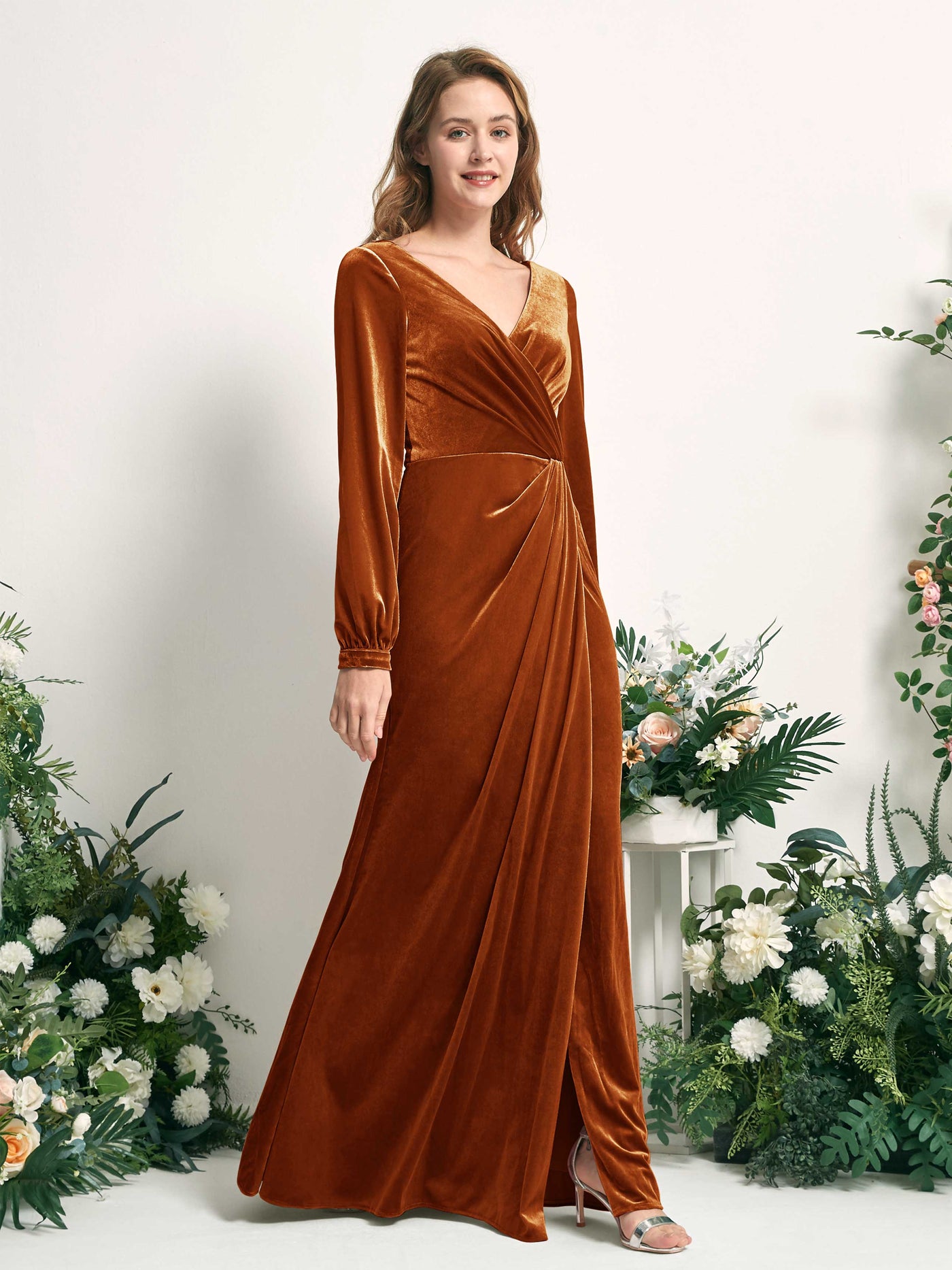 Burant Orange Bridesmaid Dresses A-line Sexy Slit V-neck Long Sleeves Velvet Dresses (82220122)#color_burant-orange