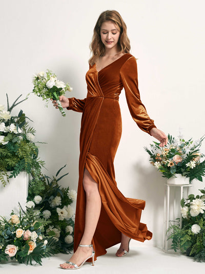 Carlyna Renata Mermaid Burant Orange Velvet Bridesmaid Dress Maxi Long Sleeve V-Neck Side View 3 #color_burant-orange