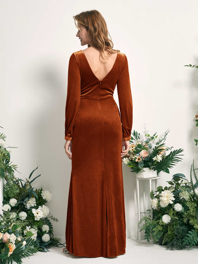 Carlyna Renata Mermaid Burant Orange Velvet Bridesmaid Dress Maxi Long Sleeve V-Neck Back View #color_burant-orange