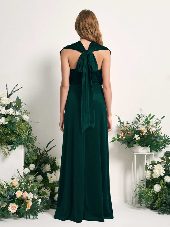 velvet hunter green bridesmaid dresses Dark Green Velvet Strapless Slit Bridesmaid Dress