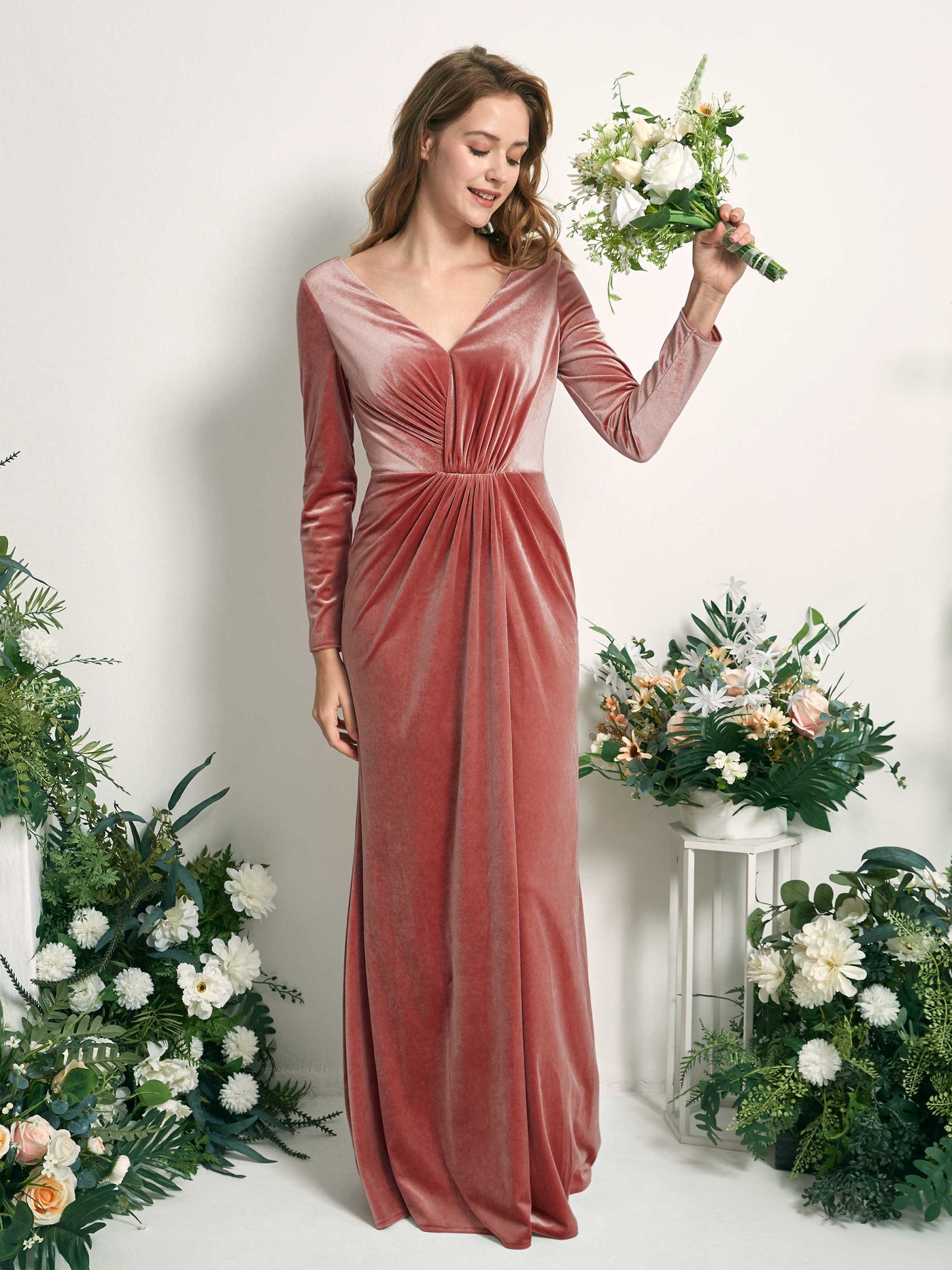 Dusty Rose Bridesmaid Dresses Mermaid/Trumpet V-neck Long Sleeves Velvet Dresses (82220431)#color_dusty-rose