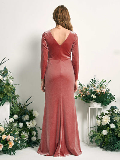 Carlyna Ophelia Mermaid Dusty Rose Velvet Bridesmaid Dress Maxi Long Sleeve V-Neck Back View #color_dusty-rose