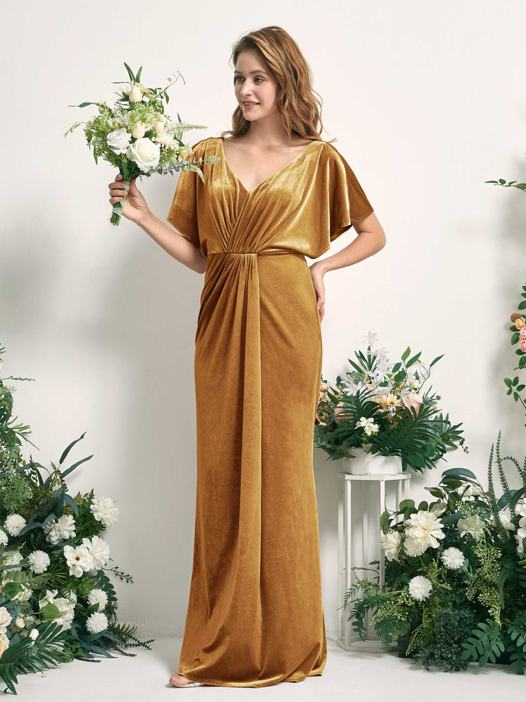 gold matron of honor dresses Burnished Velvet Bridesmaid Dress Mermaid Maxi Flutter Sleeve V-Neck 2000's ICEBERG Vintage Dusty Size:54 (5'9