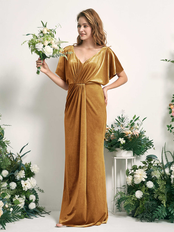 Burnished Gold Bridesmaid Dresses Mermaid/Trumpet V-neck Short Sleeves Velvet Dresses (82220316)