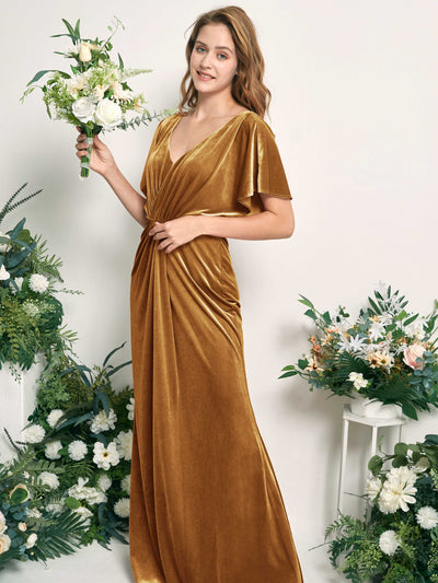 Carlyna Wanda Mermaid Burnished Gold Velvet Bridesmaid Dress Maxi Cap Sleeve V-Neck Dress Side View 2 #color_burnished-gold