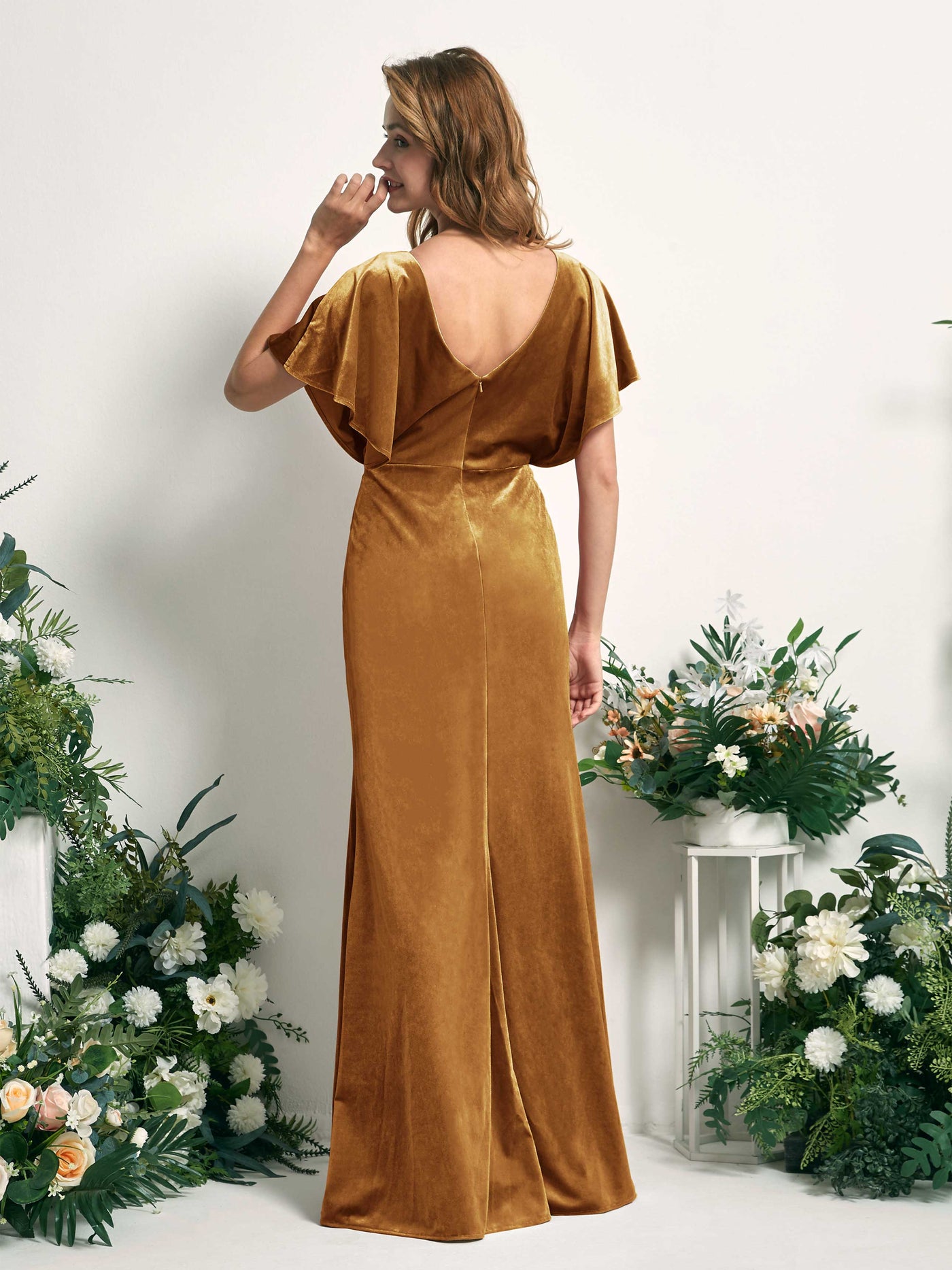 Burnished Gold Velvet Bridesmaid Dress Mermaid Maxi Flutter Sleeve V-Neck | Carlyna Burnished Gold Velvet Bridesmaid Dress Mermaid Maxi Flutter Sleeve V-Neck | Carlyna