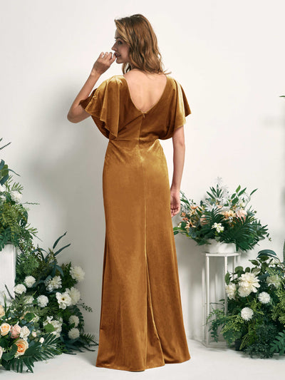 Carlyna Wanda Mermaid Burnished Gold Velvet Bridesmaid Dress Maxi Cap Sleeve V-Neck Dress Back View #color_burnished-gold