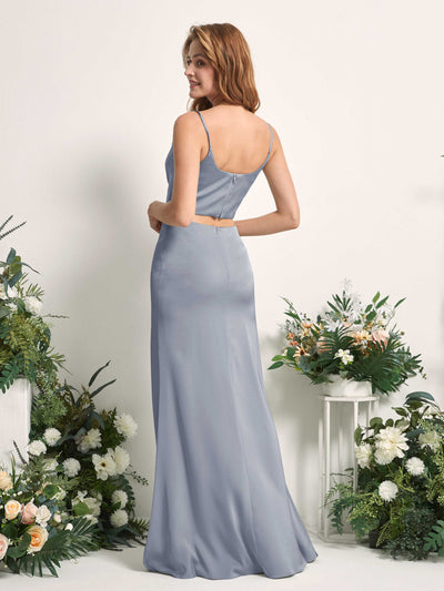Carlyna Felicity Two-Piece Dusty Blue Satin Bridesmaid Dress Maxi Sleeveless Cowl Neck Dress Back View #color_dusty-blue