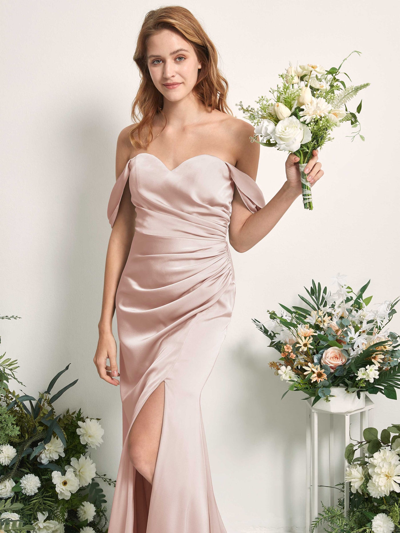 Pearl Pink Bridesmaid Dresses Bridesmaid Dress A-line Satin Off Shoulder Full Length Sleeveless Wedding Party Dress (80225210)#color_pearl-pink
