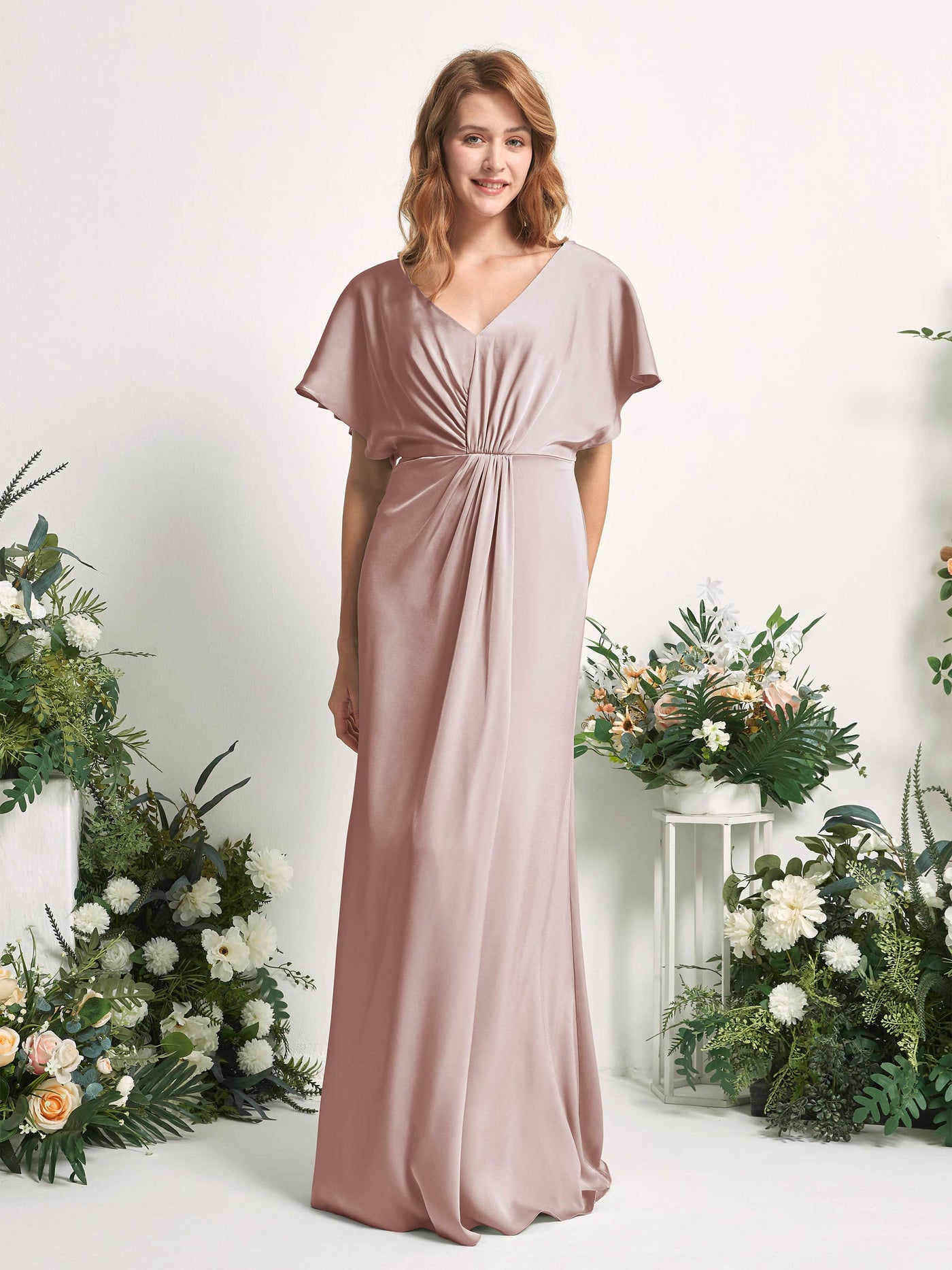 Dusty Rose Bridesmaid Dresses Bridesmaid Dress A-line Satin V-neck Full Length Short Sleeves Wedding Party Dress (80225554)#color_dusty-rose