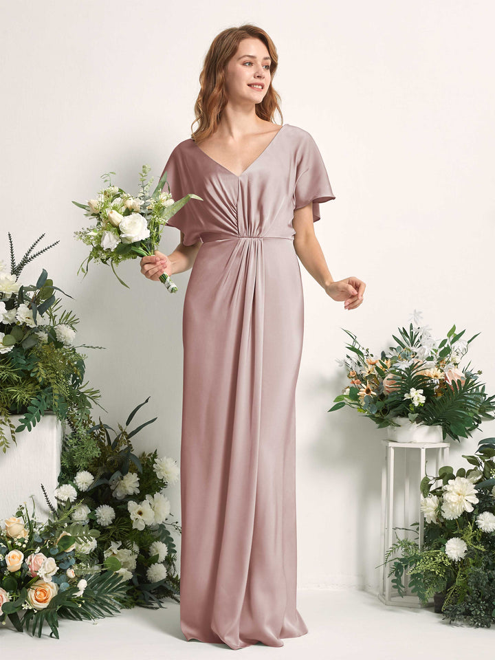 Champagne Satin V-Neck Bridesmaid Dress A-Line Floor-Length