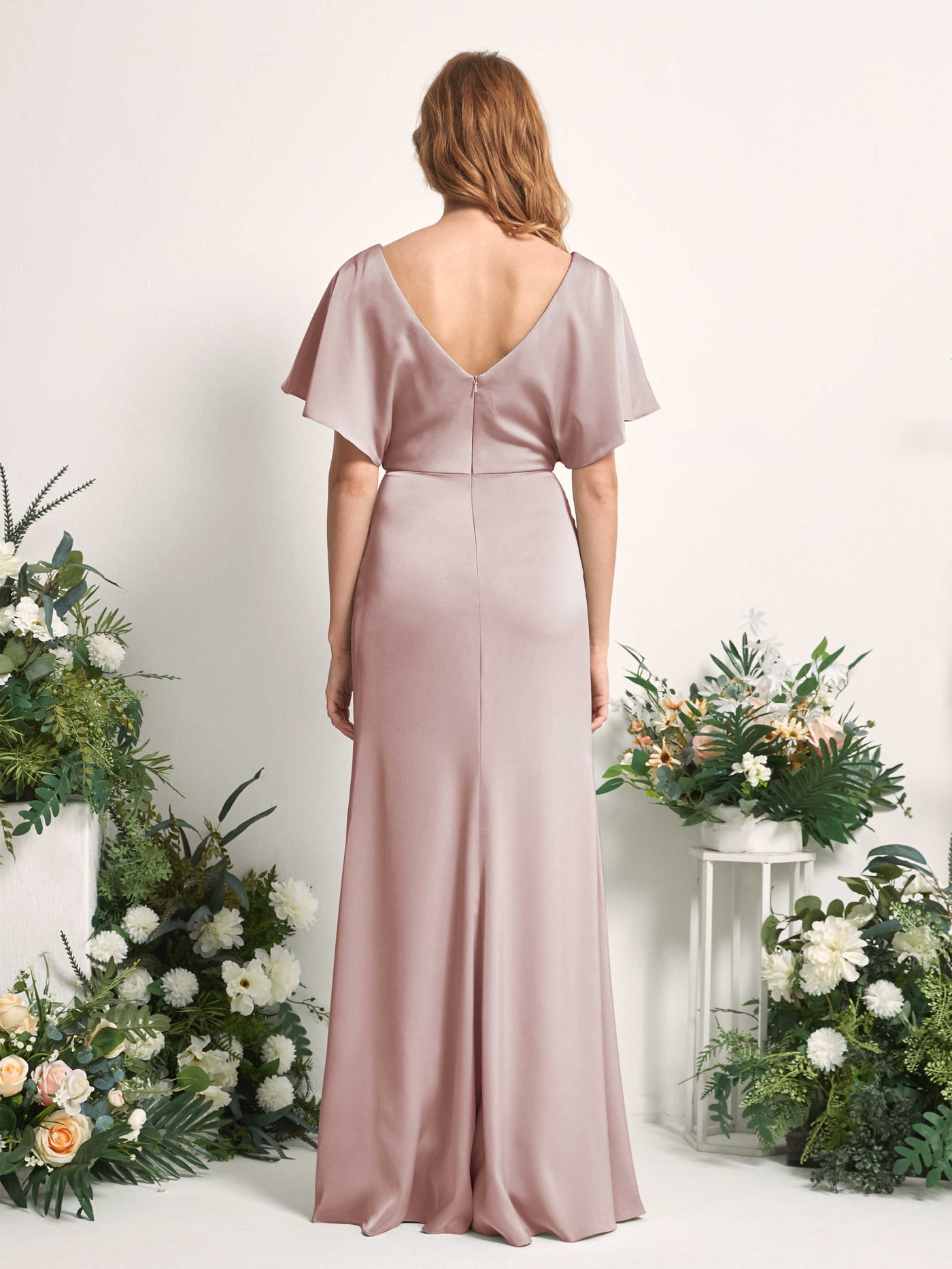 Dusty Rose Bridesmaid Dresses Bridesmaid Dress A-line Satin V-neck Full Length Short Sleeves Wedding Party Dress (80225554)#color_dusty-rose