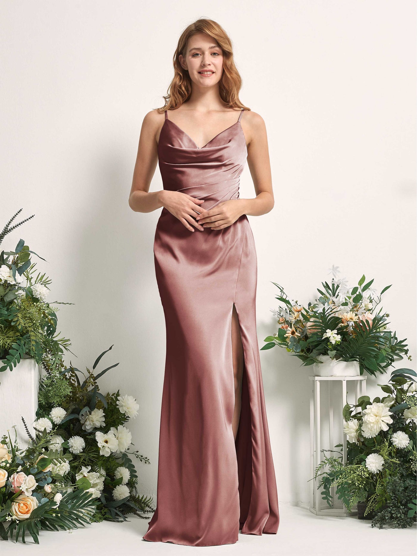 Desert Rose Bridesmaid Dresses Bridesmaid Dress Mermaid/Trumpet Satin Spaghetti-straps Full Length Sleeveless Wedding Party Dress (80225917)#color_desert-rose