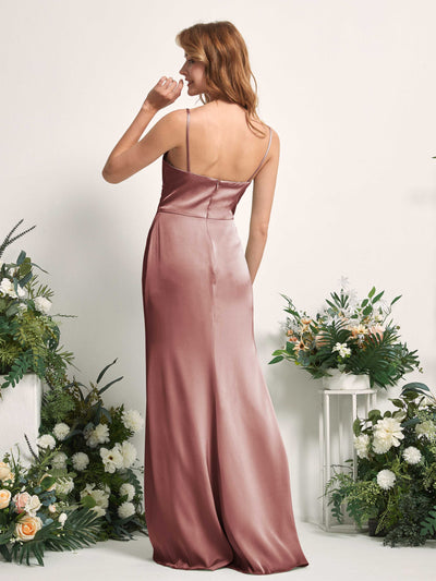 Carlyna Hayley Mermaid Desert Rose Satin Bridesmaid Dress Maxi Sleeveless V-Neck Dress Back View #color_desert-rose