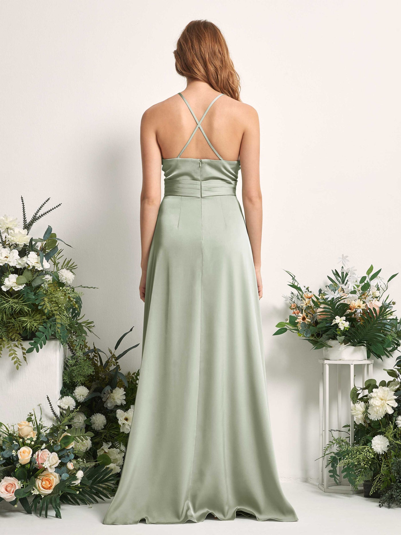 Sage Green Bridesmaid Dresses Bridesmaid Dress A-line Satin Spaghetti-straps Full Length Sleeveless Wedding Party Dress (80225712)#color_sage-green