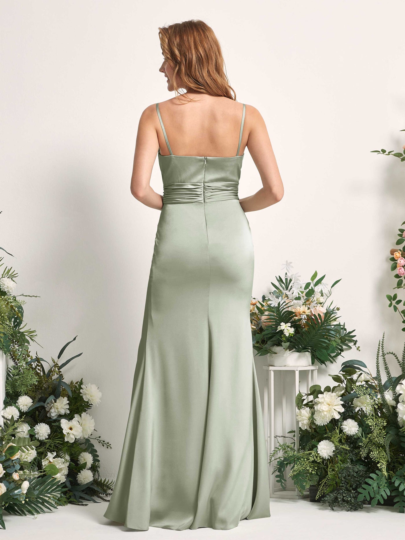 Sage Green Bridesmaid Dresses Bridesmaid Dress Mermaid/Trumpet Satin Spaghetti-straps Full Length Sleeveless Wedding Party Dress (80226312)#color_sage-green