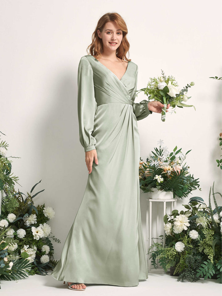 Sage Green Bridesmaid Dresses Bridesmaid Dress Ball Gown Satin V-neck Full Length Long Sleeves Wedding Party Dress (80225112)