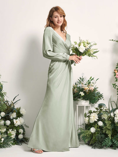 Carlyna Taylor Mermaid Sage Green Satin Bridesmaid Dress Maxi Long Sleeve V-Neck Side View 2 #color_sage-green