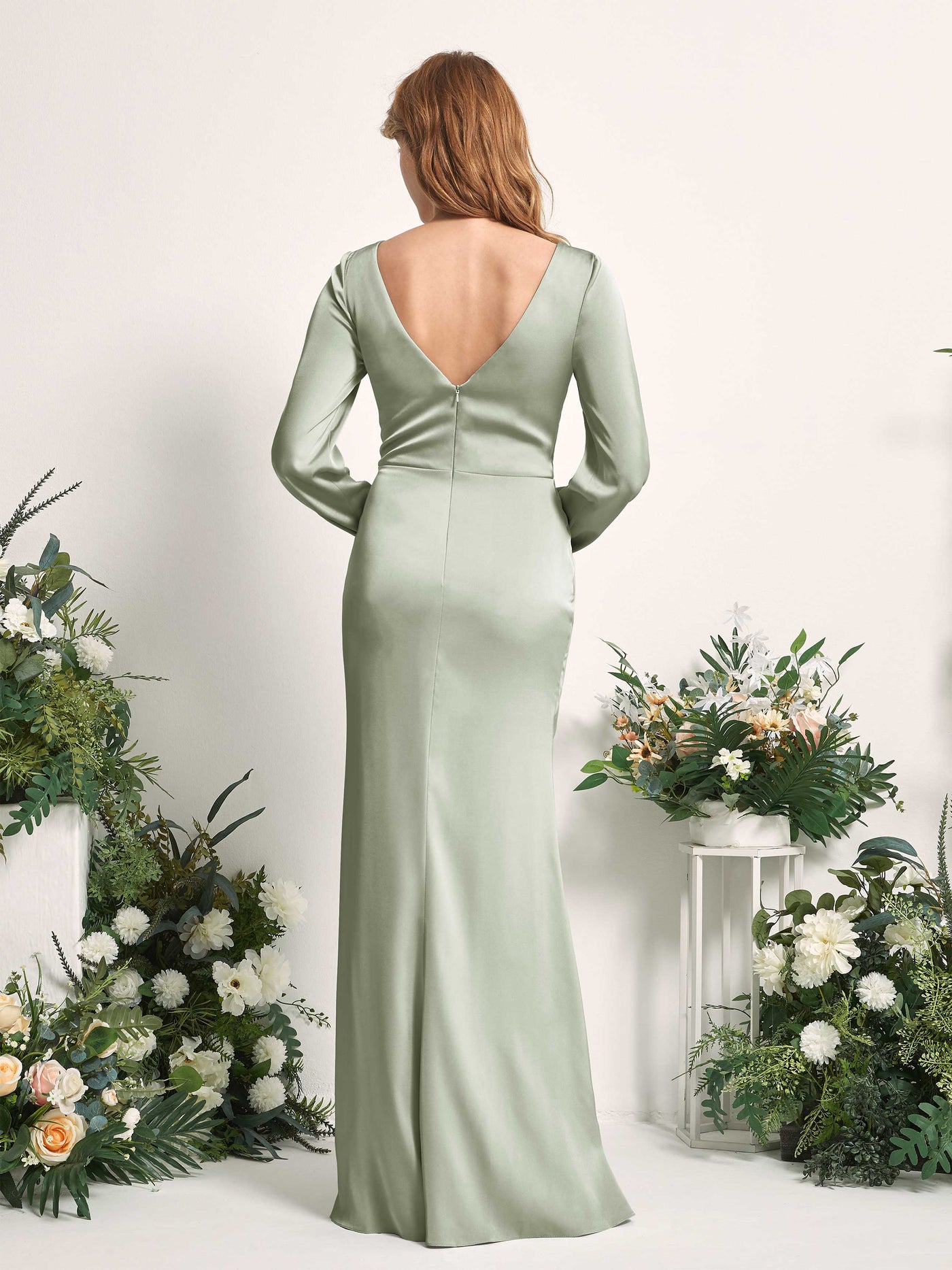 Sage Green Bridesmaid Dresses Bridesmaid Dress Ball Gown Satin V-neck Full Length Long Sleeves Wedding Party Dress (80225112)#color_sage-green