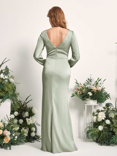 Carlyna Taylor Mermaid Sage Green Satin Bridesmaid Dress Maxi Long Sleeve V-Neck Back View #color_sage-green