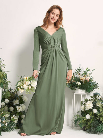 Green Olive Bridesmaid Dresses Bridesmaid Dress A-line Satin V-neck Full Length Long Sleeves Wedding Party Dress (80225870)#color_green-olive