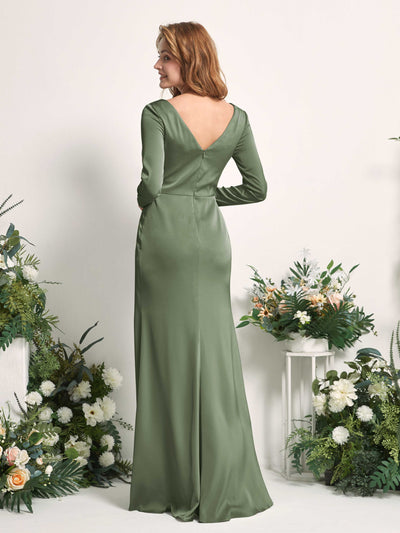 Carlyna Alicia Mermaid Green Olive Satin Bridesmaid Dress Maxi Long Sleeve V-Neck Back View #color_green-olive