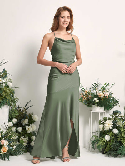 Carlyna Florence Mermaid Green Olive Satin Bridesmaid Dress Maxi Sleeveless Cowl Neck Dress Side View 2 #color_green-olive