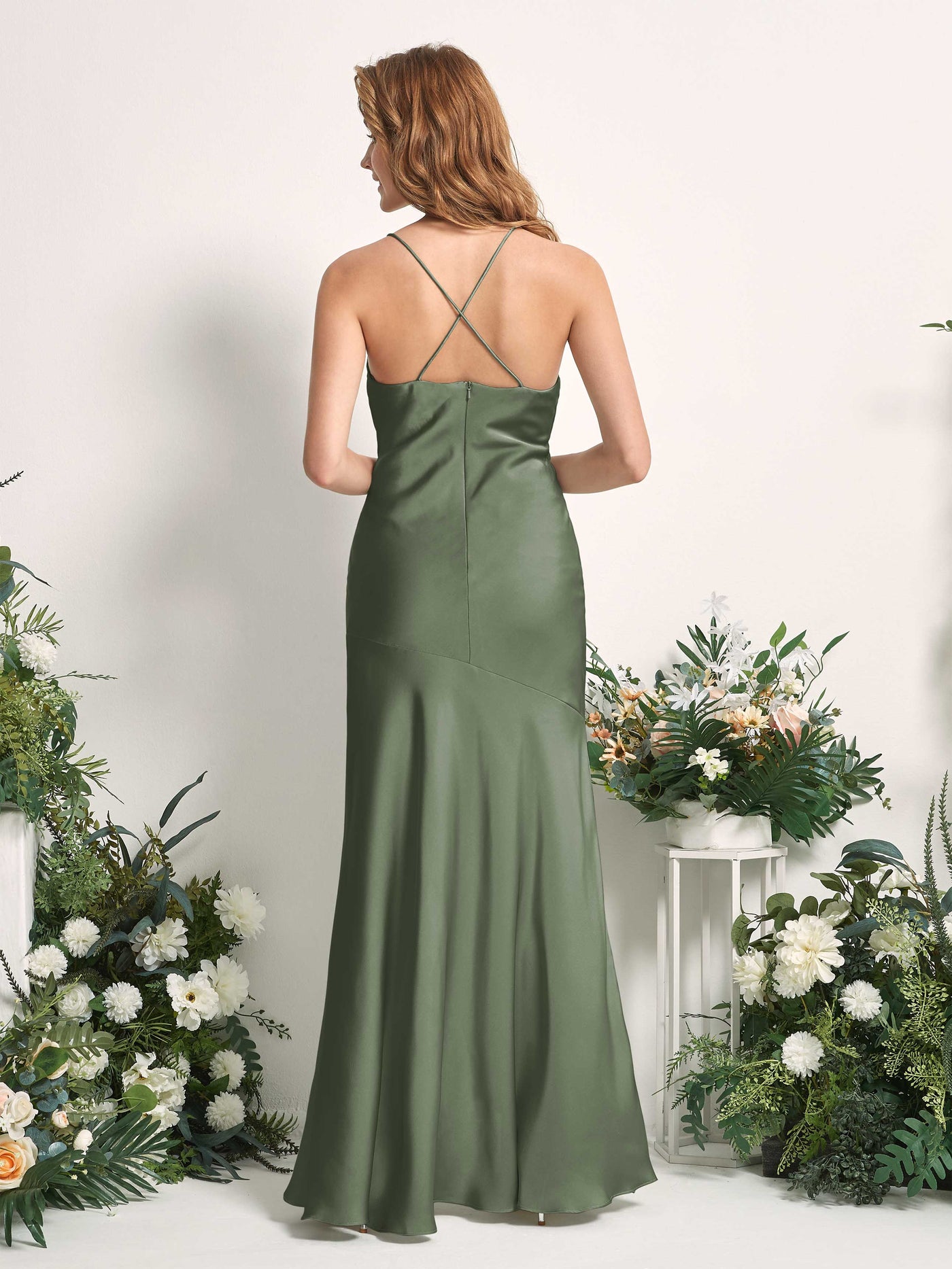 Sage Green Satin Bridesmaid Dress Mermaid Maxi Cowl Neck