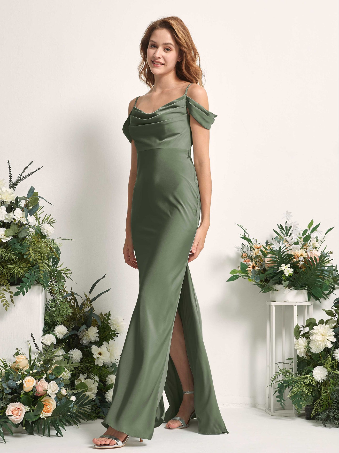 Green Olive Bridesmaid Dresses Bridesmaid Dress Mermaid/Trumpet Satin Off Shoulder Full Length Sleeveless Wedding Party Dress (80225370)#color_green-olive
