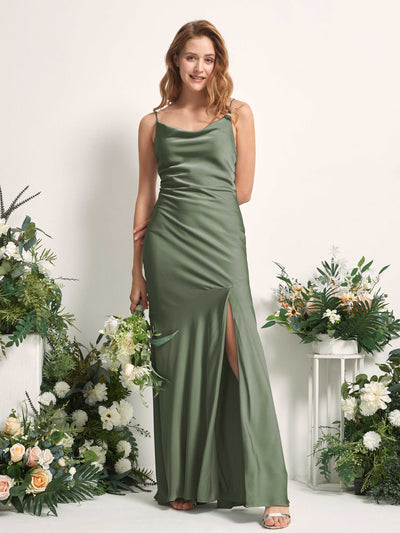 Green Olive Bridesmaid Dresses Bridesmaid Dress Mermaid/Trumpet Satin Spaghetti-straps Full Length Sleeveless Wedding Party Dress (80225670)#color_green-olive