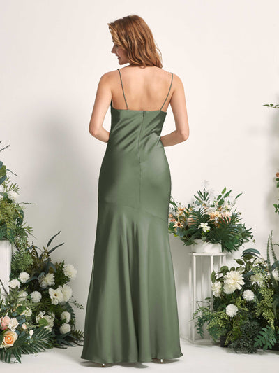 Carlyna Miranda Mermaid Green Olive Satin Bridesmaid Dress Maxi Sleeveless Cowl Neck Dress Back View #color_green-olive
