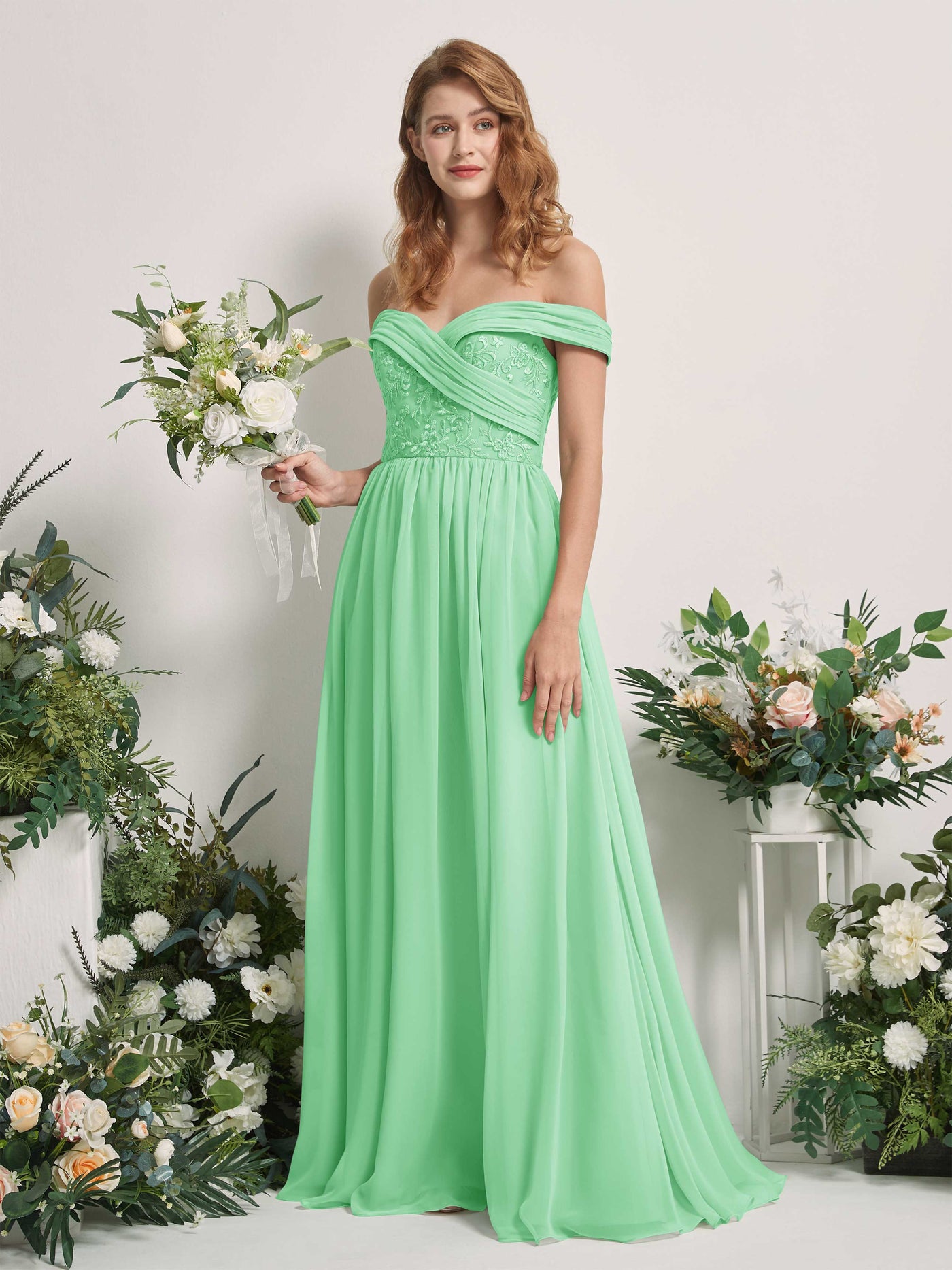 Mint Green Bridesmaid Dresses Ball Gown Off Shoulder Sleeveless Chiffon Dresses (83220422)#color_mint-green