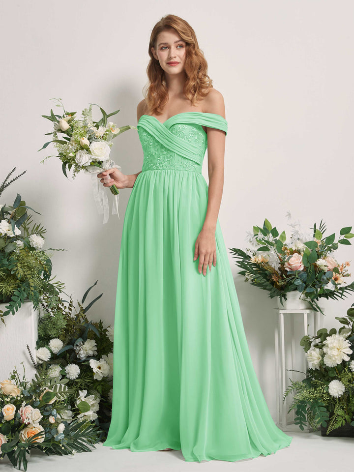 Mint Green Bridesmaid Dresses Ball Gown Off Shoulder Sleeveless Chiffon Dresses (83220422)