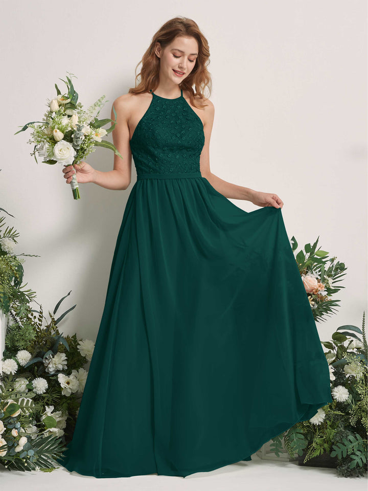 Dark Emerald Bridesmaid Dresses A-line Halter Sleeveless Chiffon Dresses (83220817)