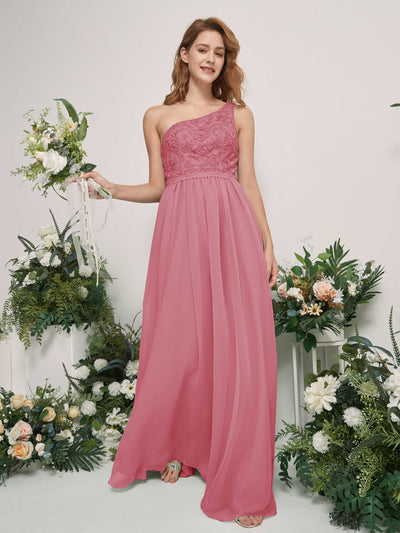 Carlyna Bonita A-Line Desert Rose Embroidered Bridesmaid Dress Maxi Sleeveless One Shoulder Dress Side View 2 #color_desert-rose