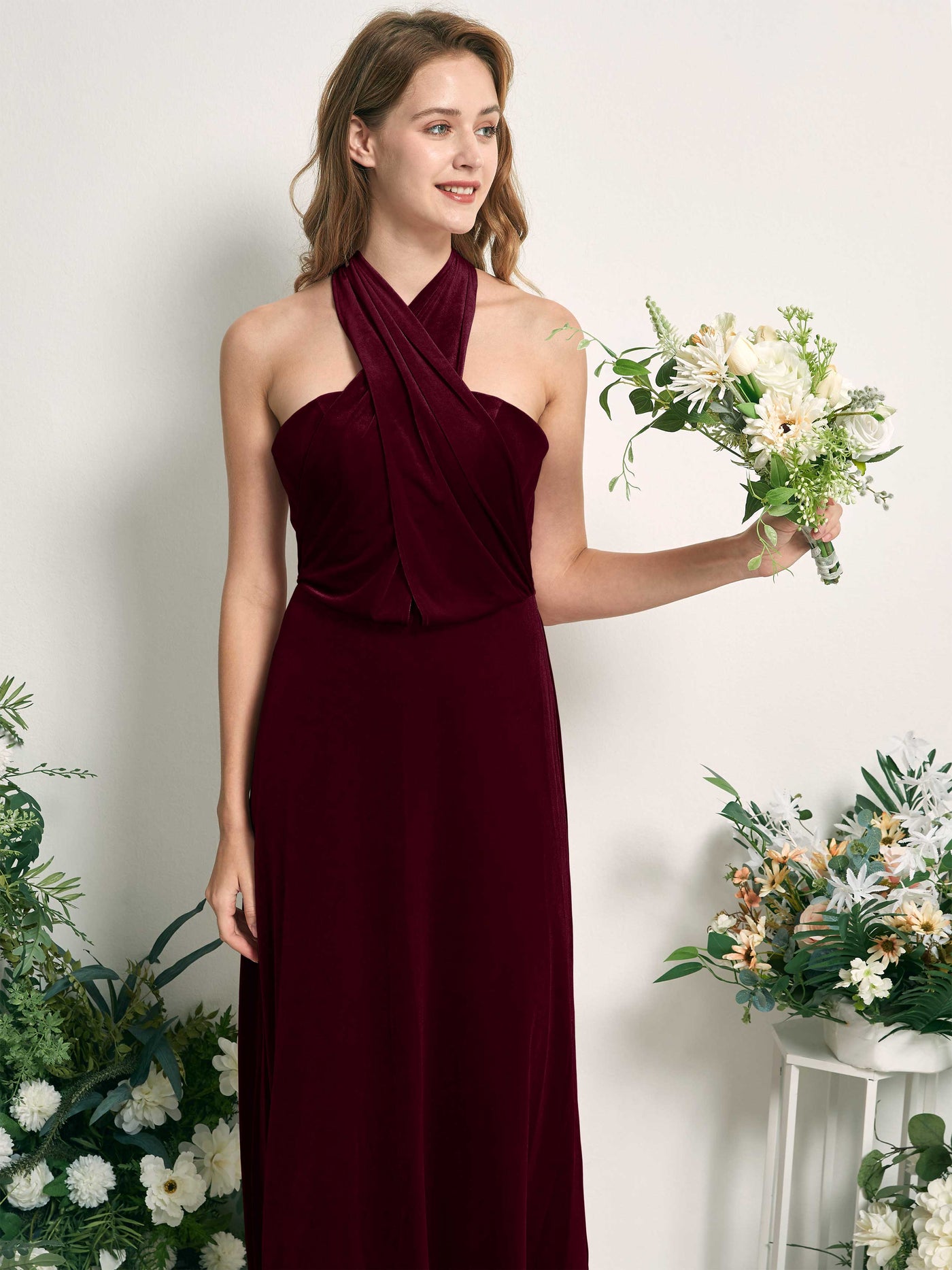 Burgundy Bridesmaid Dresses A-line Open back Convertible Straps Velvet Dresses (82220613)#color_burgundy