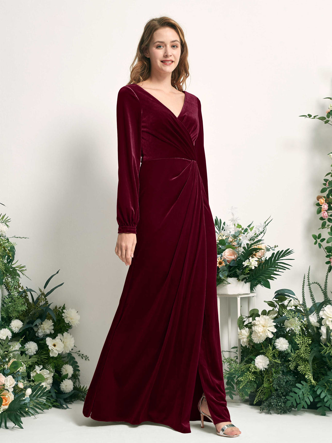 Burgundy Bridesmaid Dress Velvet Mermaid Long Sleeve V-Neck Maxi