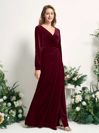 Carlyna Renata Mermaid Burgundy Velvet Bridesmaid Dress Maxi Long Sleeve V-Neck Front View #color_burgundy