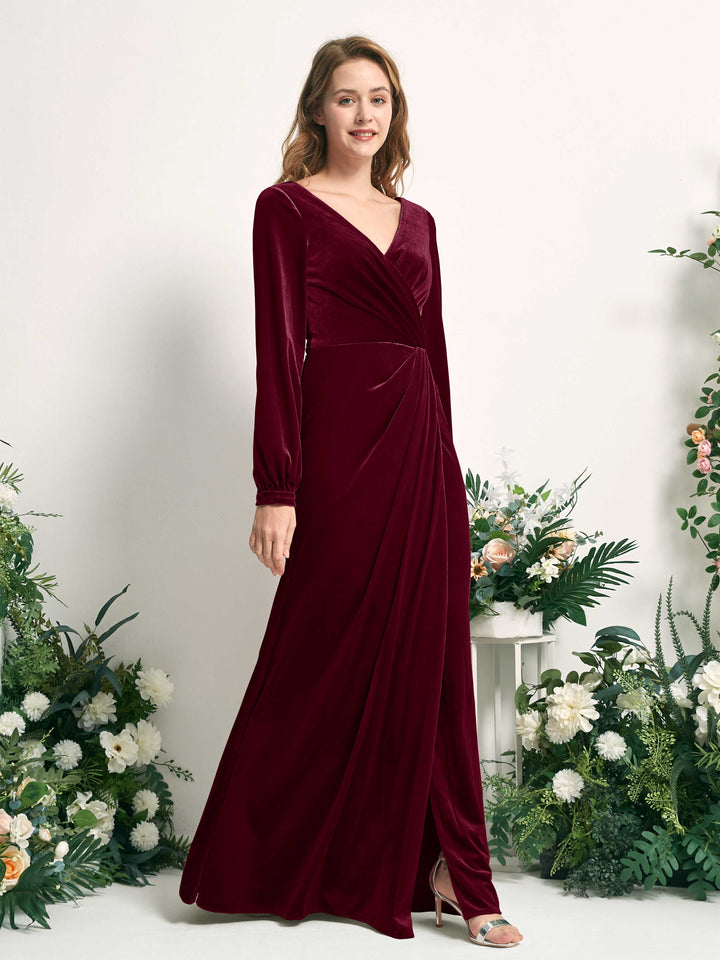 Burgundy Bridesmaid Dresses A-line Sexy Slit V-neck Long Sleeves Velvet Dresses (82220113)