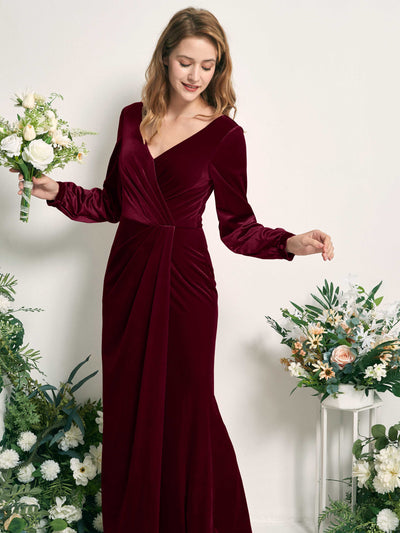 Carlyna Renata Mermaid Burgundy Velvet Bridesmaid Dress Maxi Long Sleeve V-Neck Side View 2 #color_burgundy